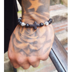 Bracelet Homme Dark Grey & Croix – Onyx & Agate Noire | Cannes