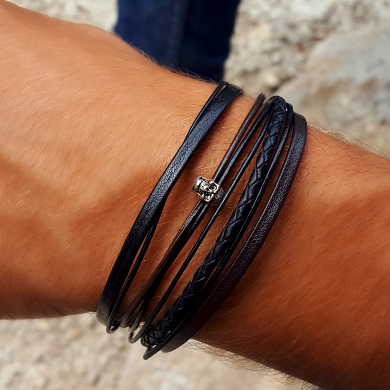 Bracelet Homme Cuir & tête de mort Argent – Bijou Artisanal Cannes