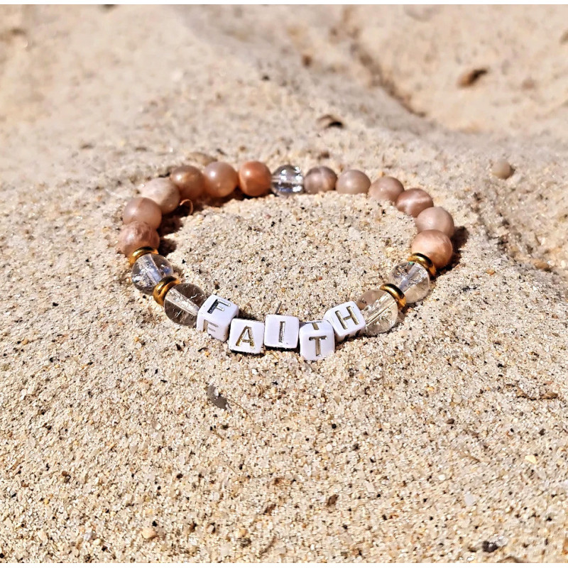 Bracelet Pierre de Soleil & Cristal de Roche – Perles “FAITH” | Création Cannes