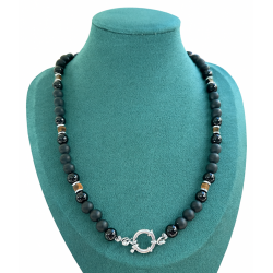 Collier Homme Onyx & Œil de Tigre – Fermoir Bouée Inox | Création Cannes