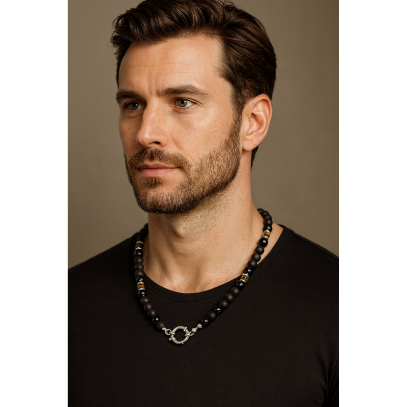 Collier Homme Onyx & Œil de Tigre – Fermoir Bouée Inox | Création Cannes