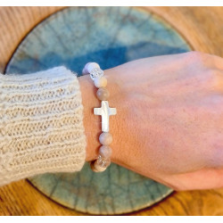 Bracelet Pierre de Soleil & Quartz Femme – Croix en Nacre | Création Cannes