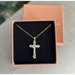 Collier Croix Dorée Femme – Pendentif Strass & Chaîne Boules Inox | Création Cannes