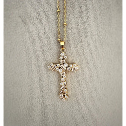 Collier Croix Dorée Femme – Pendentif Strass & Chaîne Boules Inox | Création Cannes
