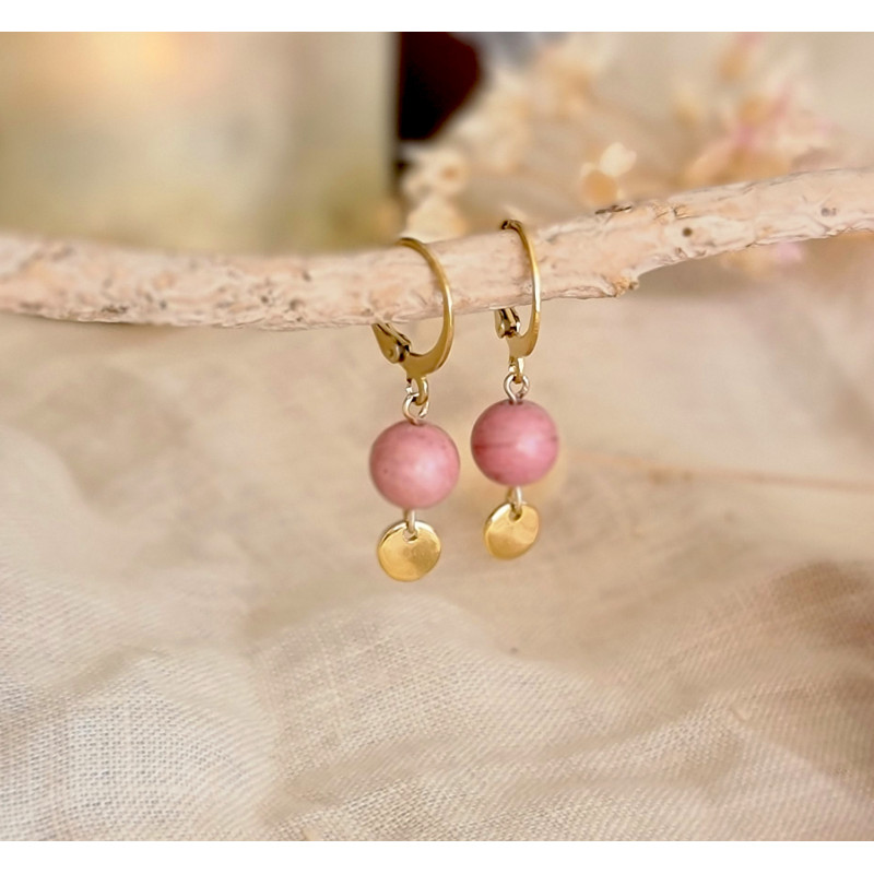 Boucles d’Oreilles Rhodonite Femme – Dormeuses Inox & Émotion | Création Cannes