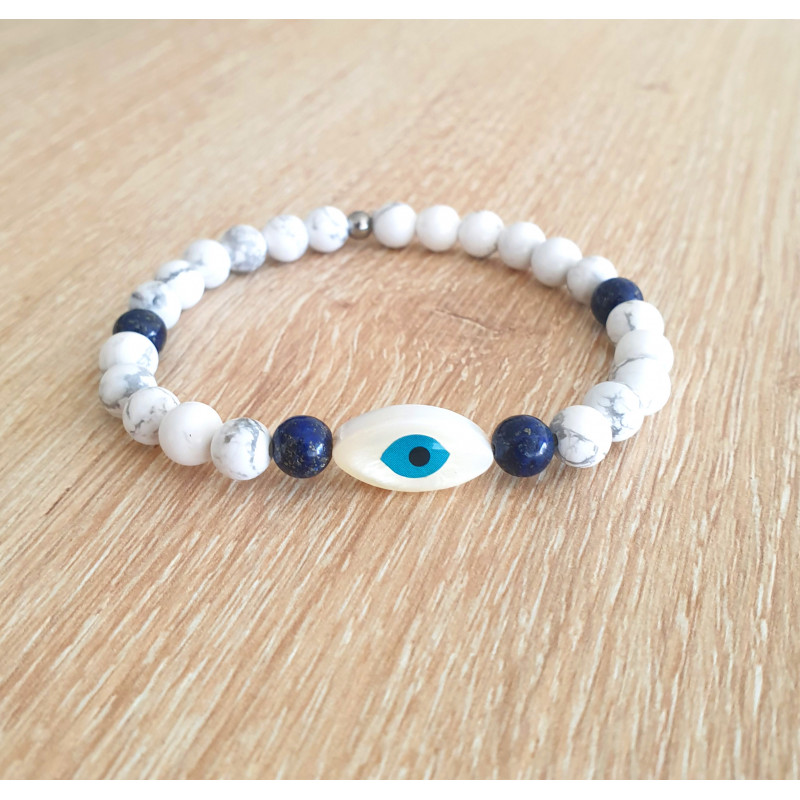 Bracelet Talisman Femme – Turquoise ou Lapis-Lazuli & Œil Nacre | Création Cannes