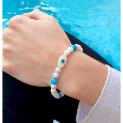 Bracelet Talisman Femme – Turquoise ou Lapis-Lazuli & Œil Nacre | Création Cannes