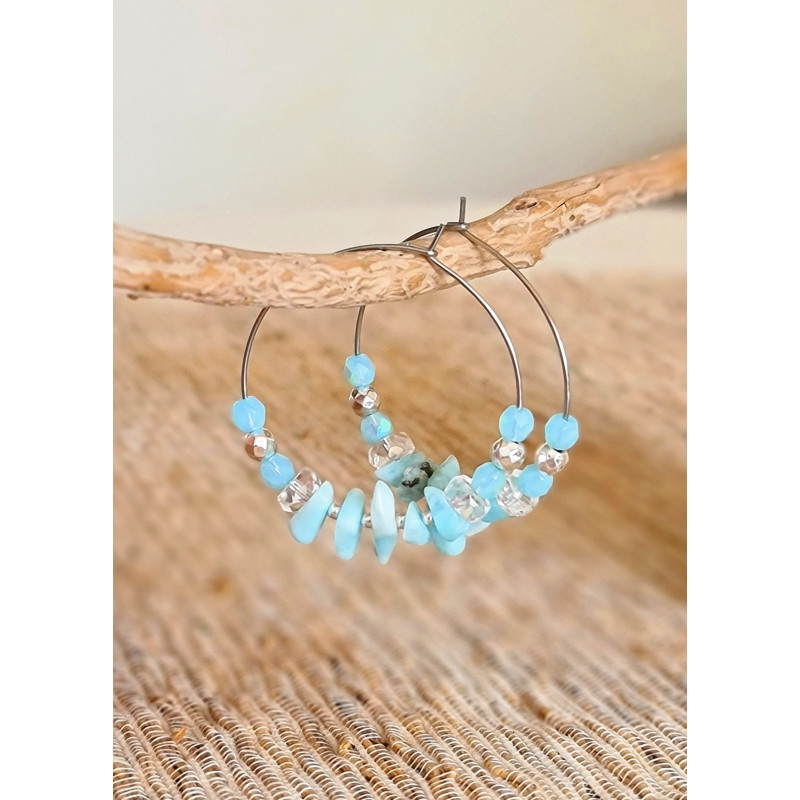Créoles Larimar Femme – Acier Inoxydable & Pierres Naturelles | Création Cannes