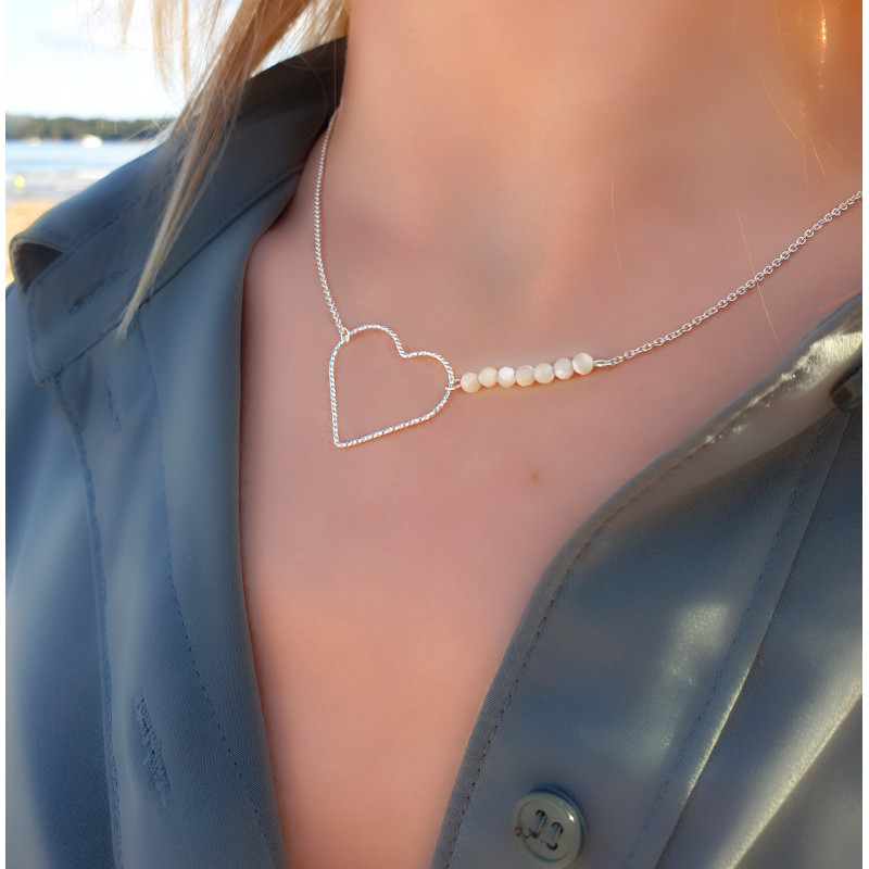Collier Nacre & Cœur Argent 925 – Élégance Féminine | Création Cannes