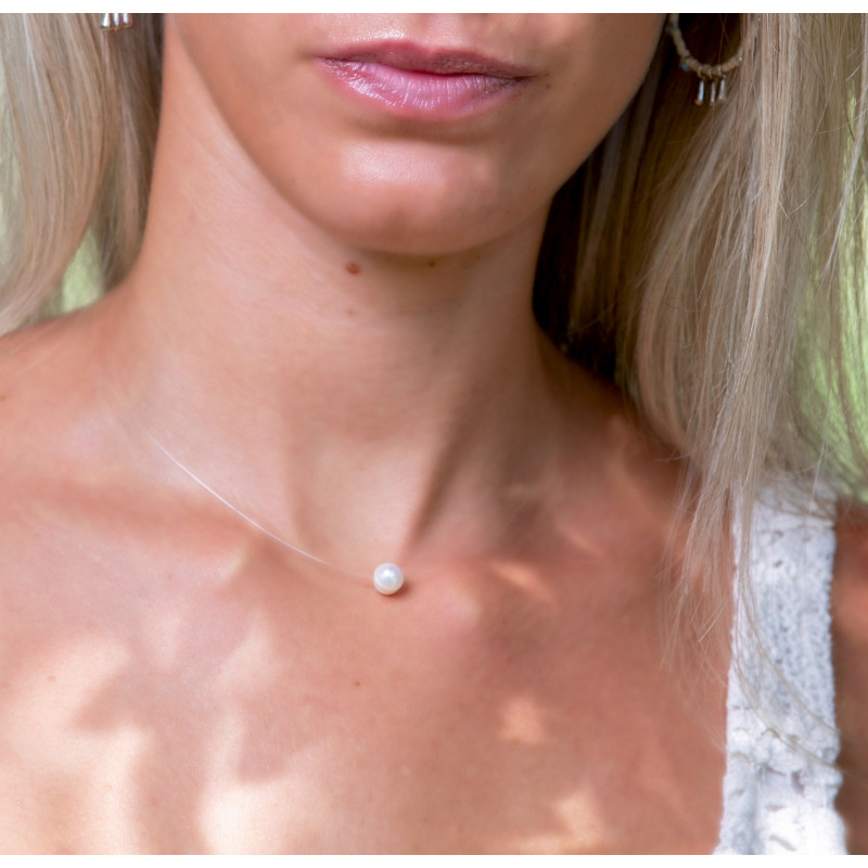 Collier Perle d’Eau Douce Femme – Fil Invisible & Argent 925 | Création Cannes