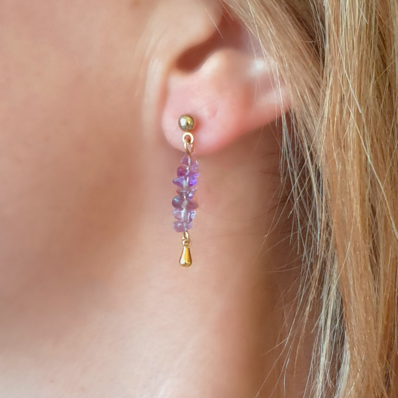 Boucles d’Oreilles Améthyste Femme – Doré à l’Or Fin & Énergie Apaisante | Création Cannes