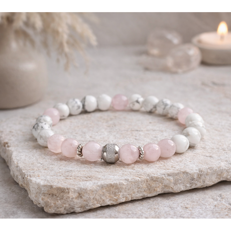 Bracelet Quartz Rose Femme – Howlite & Argent 925 | Création Cannes