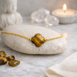 Bracelet Trèfle Œil de Tigre Femme – Doré à l’Or Fin & Protection | Création Cannes