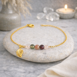 Bracelet Tourmaline Multicolore Femme – Feuille Dorée & Protection | Création Cannes