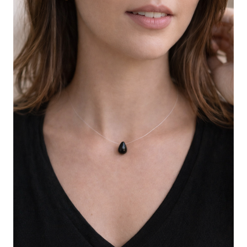 Collier Agate Noire Femme – Fil Invisible & Argent 925 | Création Cannes