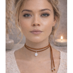 Collier Pierre de Lune Femme – Cordon Daim Marron & Argent 925 | Création Cannes