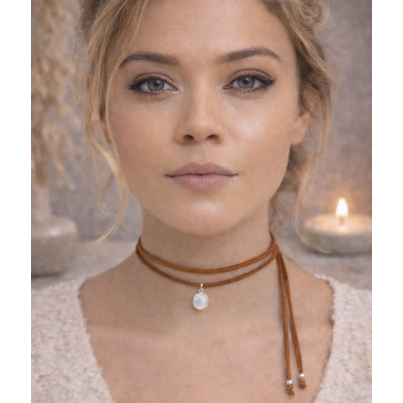 Collier Pierre de Lune Femme – Cordon Daim Marron & Argent 925 | Création Cannes