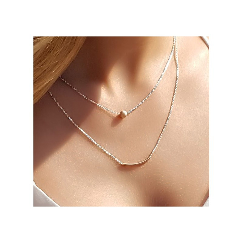 Collier Rose Femme – Double Chaîne Dorée à l’Or Rose Fin & Perle Diamantée | Création Cannes