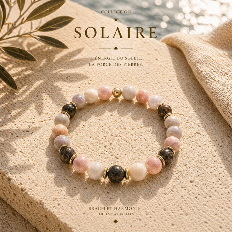 Bracelet homme pierre de soleil 8mm, bronzite et hématite dorée – énergie et confiance | La Petite Cannoise