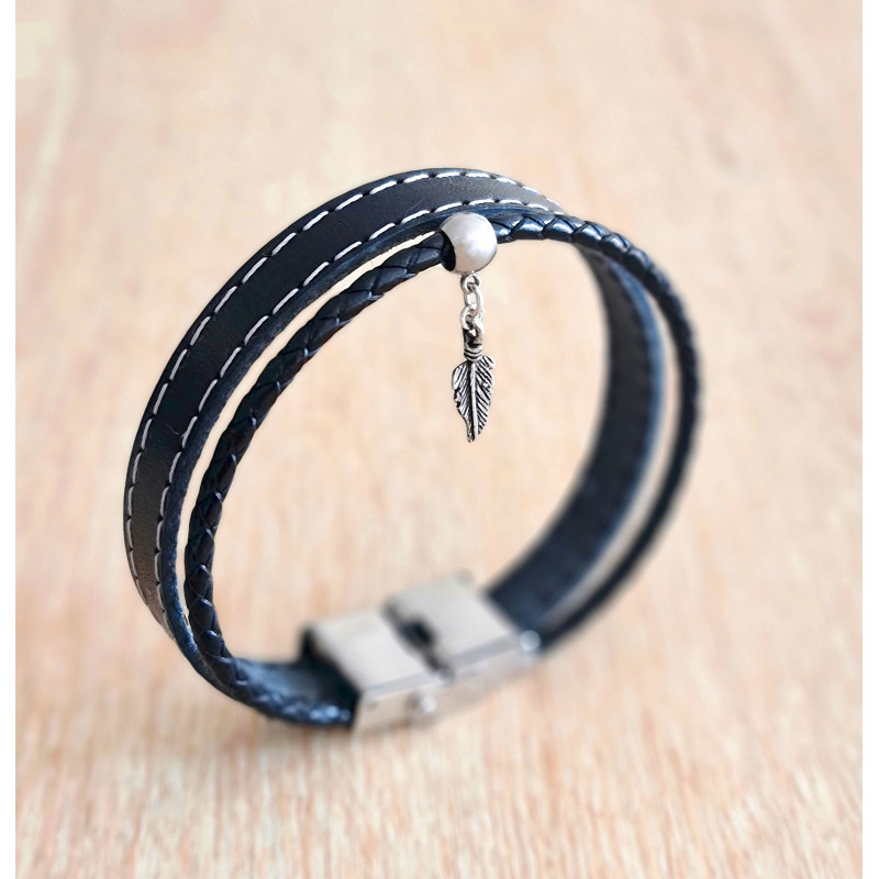 Bracelet Homme Cuir & Plume Argent | Cannes